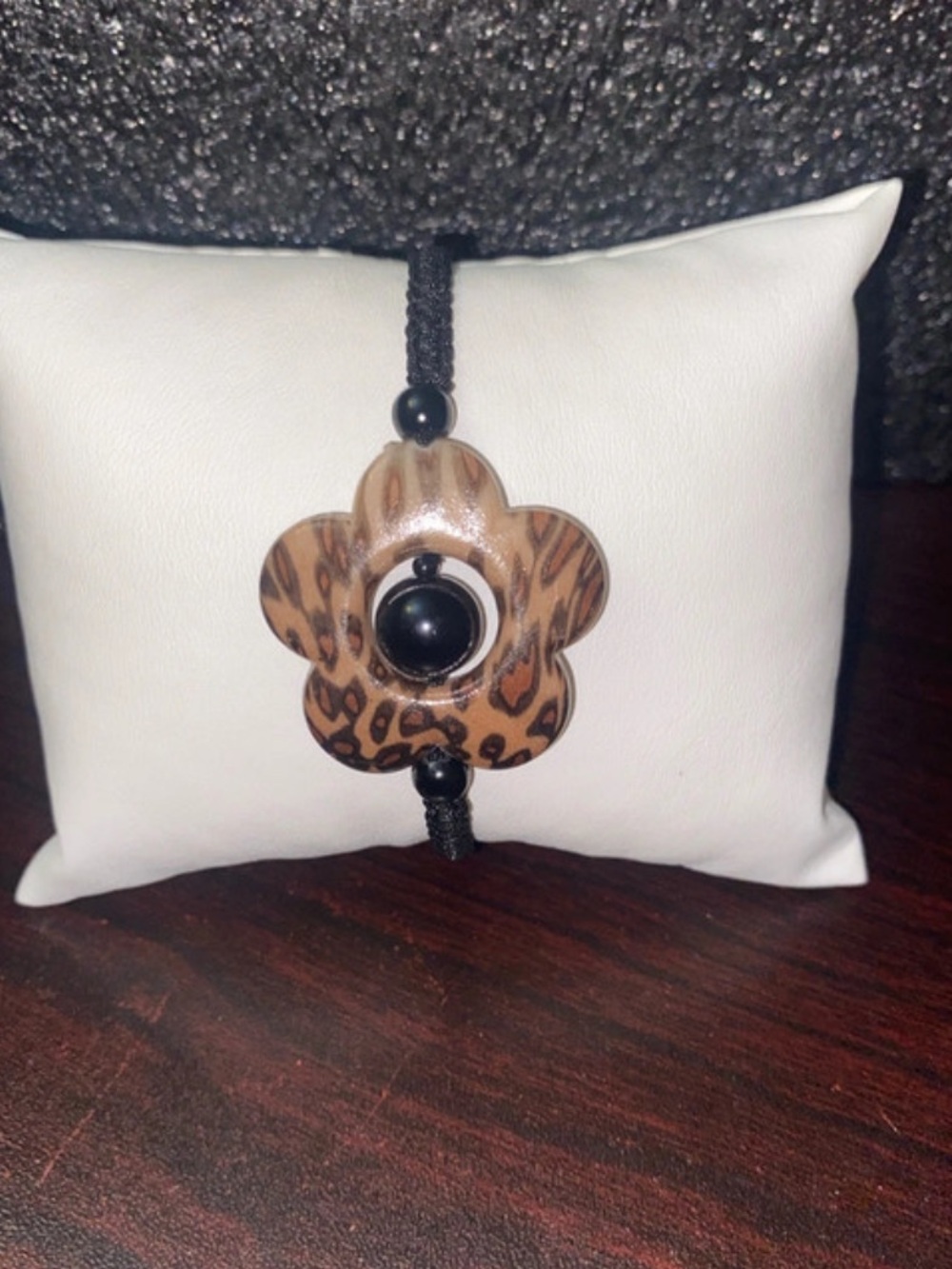 Macramé Leopard Print Flower Bracelet with Black Cord